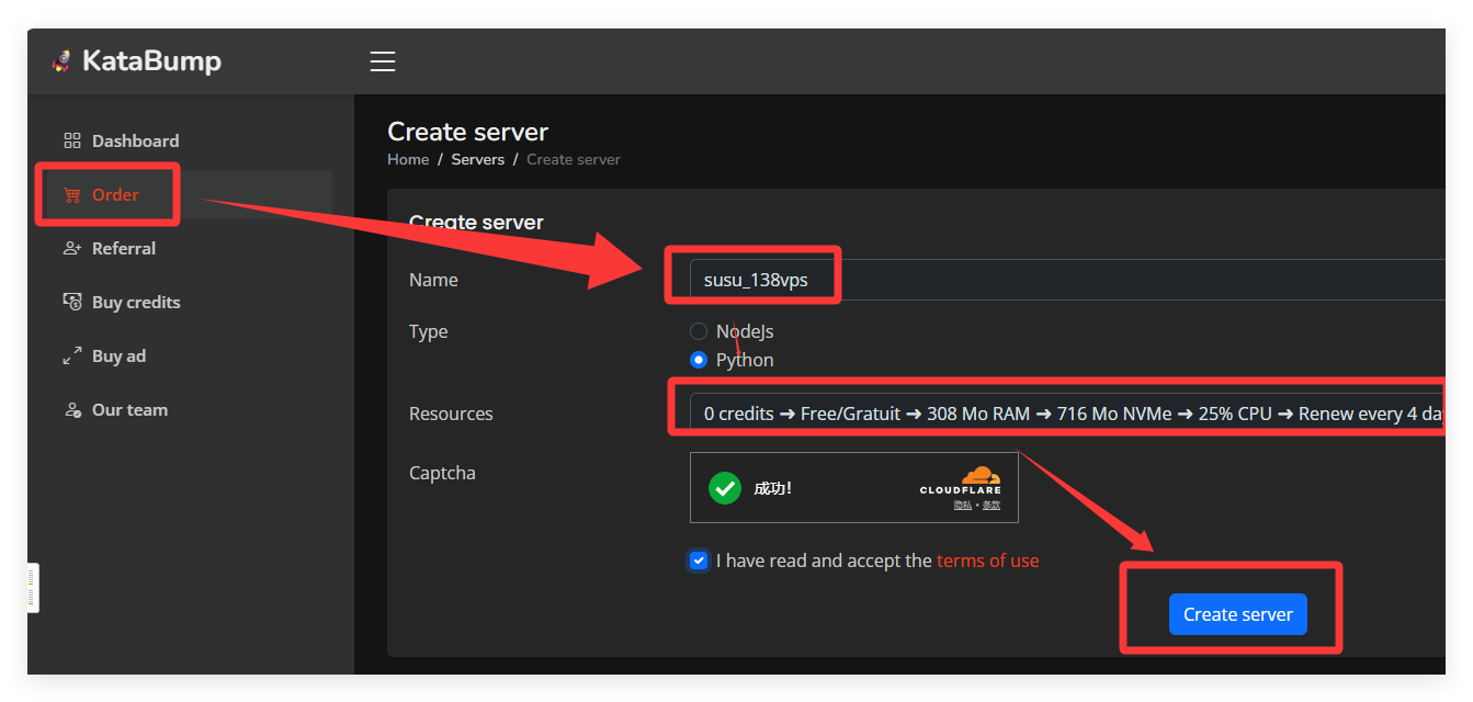 KataBump 免费容器 每4天手动启动一次